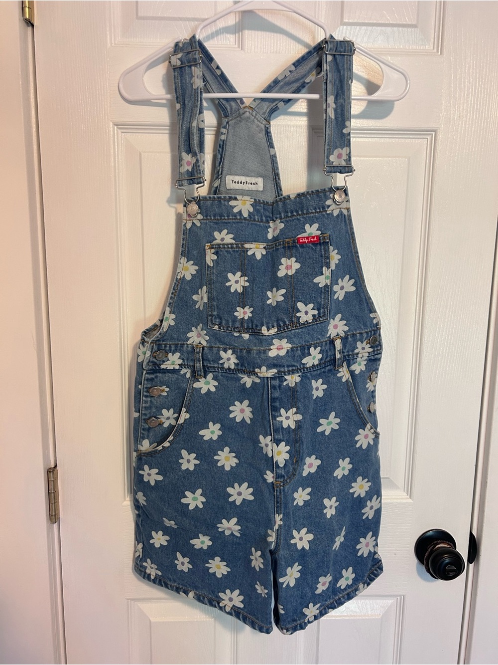 Teddy Fresh Denim Short Overalls with White Daisy Print